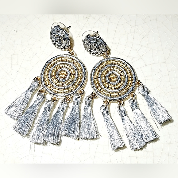 Silver and gold seed Bead tassle bohemian dreamcatcher earrings - Picture 2 of 7